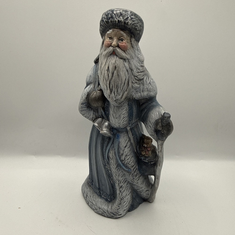 Vintage Russian Ceramic Santa Handmade Piece Hand Painted Signed Blue & Silver